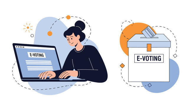 Concept of digital democracy featuring a woman casting her vote online through a laptop and a modern electronic ballot box.