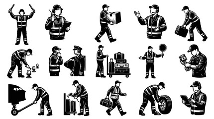 Obraz premium Aviation Airport Ground Staff and Pilot Characters Black and White Line Art Illustration Set