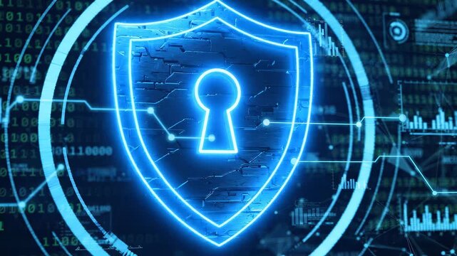 Blue glowing digital shield with keyhole on dark background with binary code and data connection nodes, concept for cybersecurity protection, private data identity and information safety