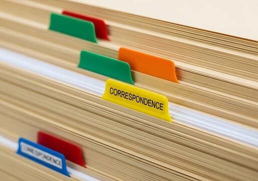 A set of manila folders organizing business correspondence in an office with professional lighting.
