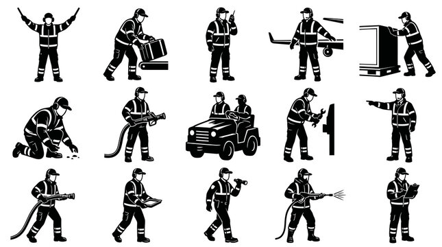 Black and White Vector Icons of Airport Ground Crew Workers and Equipment