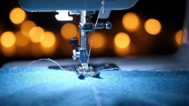 Extreme close up of professional sewing machine needle stitching blue fabric with white thread and warm bokeh background, concept for fashion design, garment manufacturing and tailor shop service