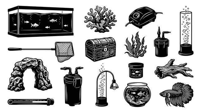 Vintage Engraving Aquarium Fish Tank Supplies Set - Black and White Pet Hobby Equipment  Decor Icons