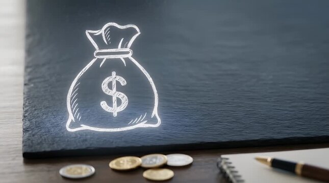 Digital Money Bag Icon Overlaid on Slate Background