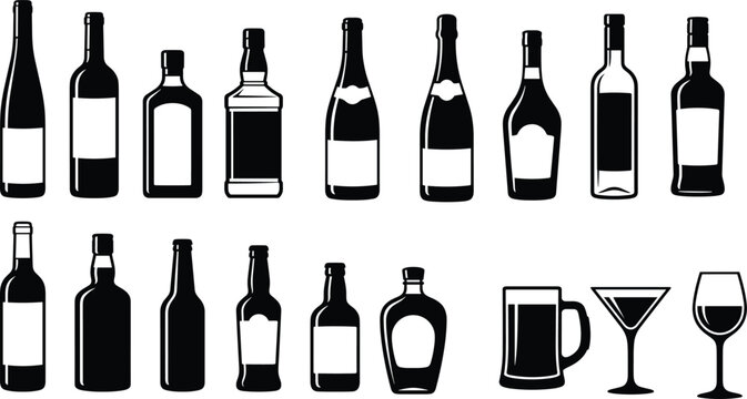 Silhouette Alcohol and Beverage Icon Set with Bottles, Wine Glasses, Beer Mugs, and Martini Glasses for Bars, Restaurants, Parties, and Digital Media