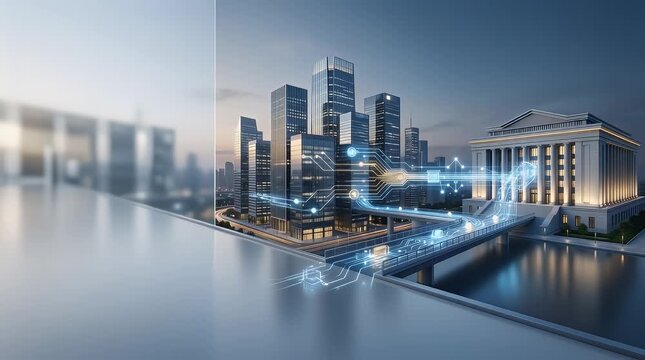Futuristic Cityscape with Digital Circuit Animation