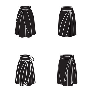 Four black and white illustrations of different types of short skirts with various waistbands and folds  female clothing