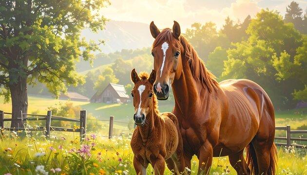 Brown horse and foal in field.