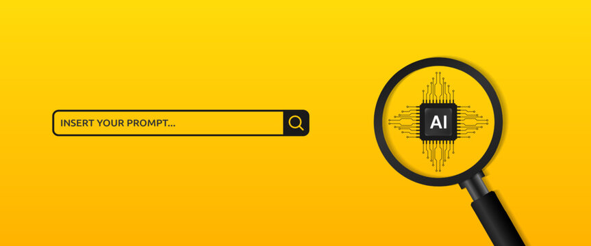 Artificial Intelligence Processor under magnifying glass over yellow background. Artificial intelligence technology concept