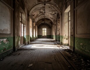 Fototapeta premium Abandoned hallway with arched ceiling and broken windows.