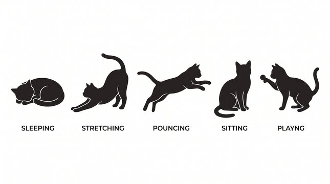 Silhouettes of a cat in various poses with silhouette sleeping stretching