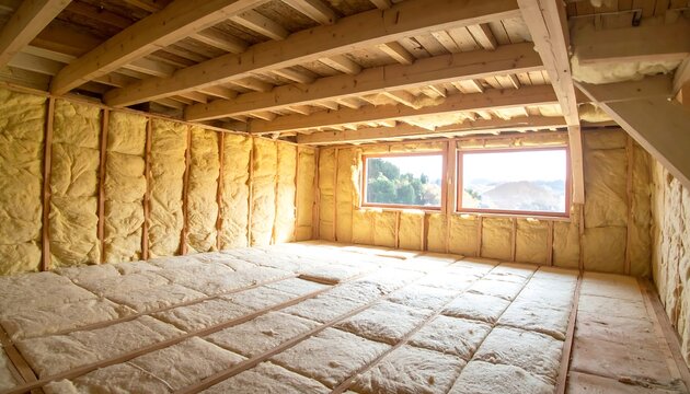 Attic insulation with yellow fiberglass batts.