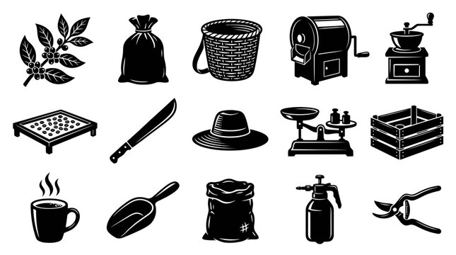 Black  White Glyph Icons Set: Coffee Farming, Processing, Brewing Tools  Elements Vector Collection