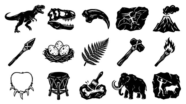 Prehistory Dinosaur Stone Age Black and White Silhouette Icons Set. Paleontology and Archeology Vector Elements.