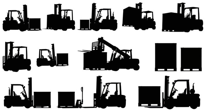 Forklift Silhouettes Collection: Loading, Transporting, Stacking Cargo