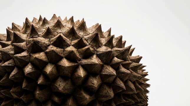 Macro view of durian husk texture showing sharp spike distribution in high resolution detail, capturing the intricate pattern of the organic exterior in a cinematic horizontal widescreen composition.