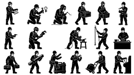 Fototapeta premium Black White Industrial Workers Set, Construction, Manual Labor, Tools, Black and White Vector Art