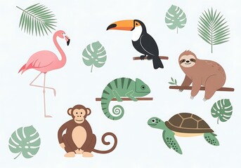 Fototapeta premium Colorful Tropical Animal Illustration with Jungle Elements.