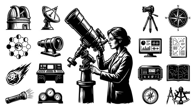 Astronomy Science Icons: Telescope, Compass, Star Chart, Scientist BW Vector Art