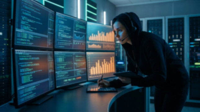 Soft focus blurred photo of Hacker in black hoodie working on computer with glowing data screens and financial charts in a dark server room