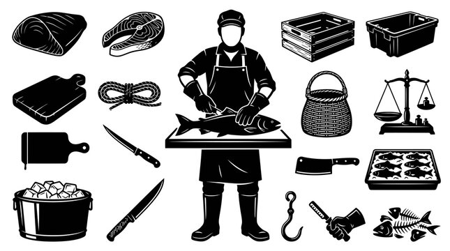 Seafood Industry Fish Market Black and White Glyph Vector Icons Set with Fishmonger, Tools, and Elements