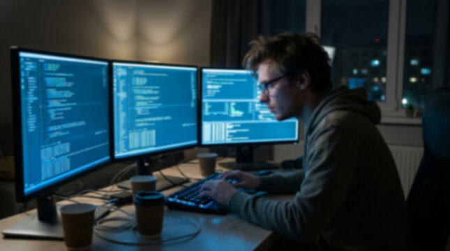 Soft focus blurred photo of Software developer working late at night on multiple computer screens with code in a dark office to build a new web application and solve complex problems