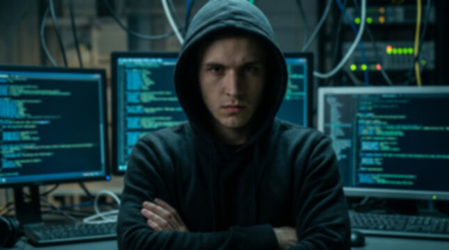 Soft focus blurred photo of Young hacker wearing a dark hoodie sitting in front of computer screens with glowing green computer code in a dark room