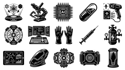 Obraz premium Science, Technology, and Medical Research Black and White Vector Icons Set