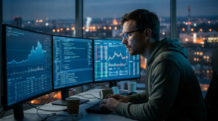 Fototapeta premium Soft focus blurred photo of Focused software developer working late at night on multiple computer monitors in a modern office with city lights in the background