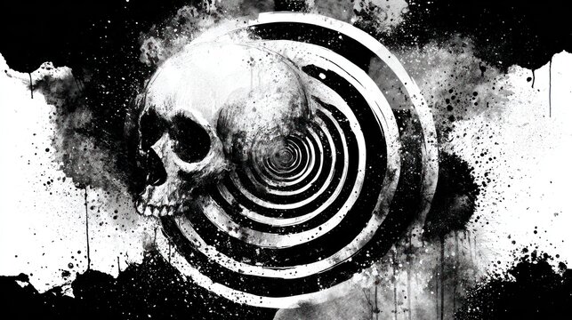 Monochrome skull artwork with swirling pattern abstract concept