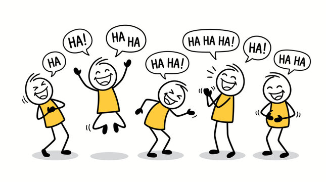 Group of cheerful stick figures animatedly sharing a moment of contagious laughter and joy