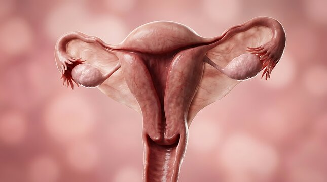 Ultra realistic 3D render of a human uterus highly detailed anatomical structure realistic organic texture medical grade visualization photorealistic CGI cinematic lighting soft pink blurred backgroun
