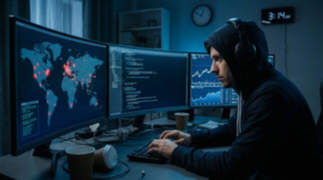 Soft focus blurred photo of Young man in a hoodie working on computers with digital world map and data charts on screens in a dark room at night