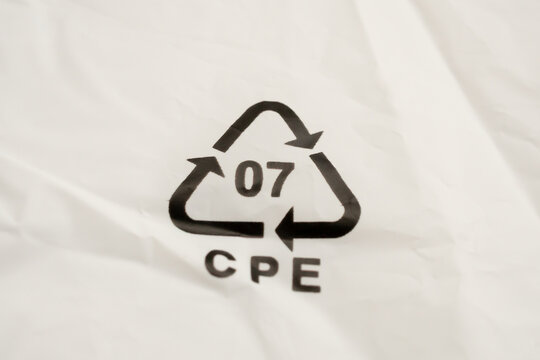 Recycle symbol 07 CPE on white plastic bag, environmental conservation and plastic waste concept