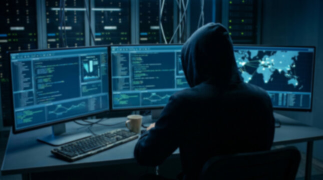 Soft focus blurred photo of Hacker in a hoodie sitting in front of computer screens with data and maps in a dark room