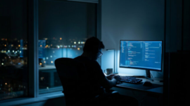 Soft focus blurred photo of Young man sitting at desk working on computer code late at night in a dark office with a view of city lights through the window