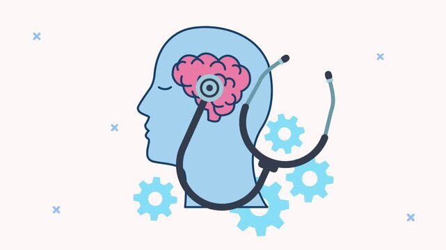 Mental health medical concept animation featuring human head with brain and stethoscope on white background.