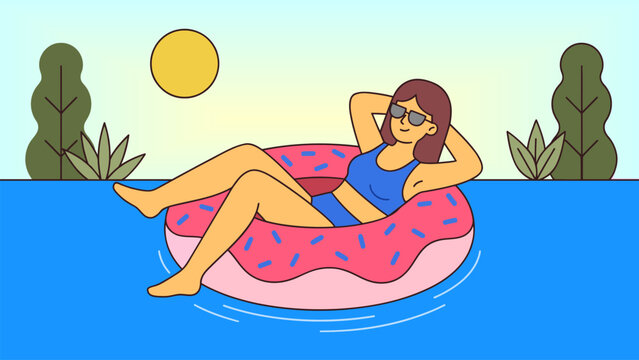 Modern flat illustration of a woman relaxing on a donut swim ring in blue water. Great for summer pool party, vacation, and leisure lifestyle themes.