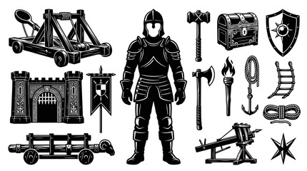 Fototapeta premium Medieval Knight Armor Castle Weapons Siege Equipment Black and White Vector