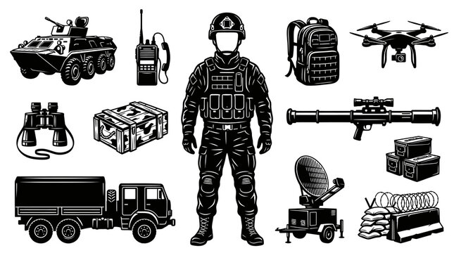 Detailed Black and White Line Art Collection of Military Army Soldier and Equipment