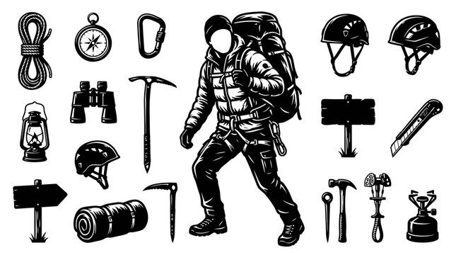 Outdoor Adventure Mountaineering, Hiking  Camping Gear Collection in Vintage Engraving Style