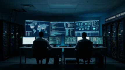Fototapeta premium Soft focus blurred photo of Two security operators working at a computer desk in a dark high tech server room monitoring global cyber threats and network security data on large screens