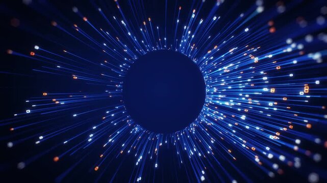 Abstract technology background featuring a glowing big data tunnel with flowing digital signals, representing AI networks, high speed data transfer, cloud computing, and futuristic communication syste