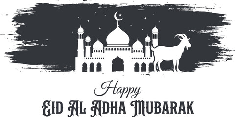 Obraz premium Eid al Adha Mubarak greeting with mosque and goat silhouette