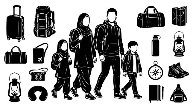 Black and white glyph vector icons of a traveling family and essential adventure gear for tourism.