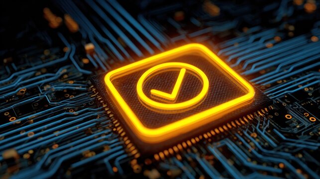 Glowing confirmation symbol illuminates complex electronic circuit board pathways