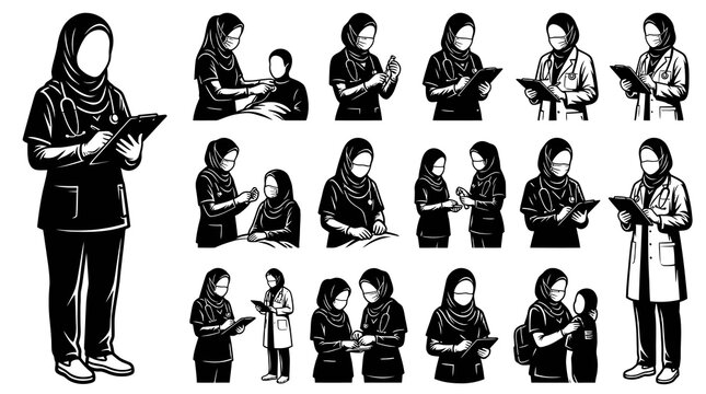 Black  White Vector Icons of Muslim Women Doctors in Hijab with Stethoscopes