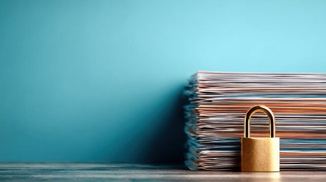 Small golden padlock secures a tall stack of documents against a teal background