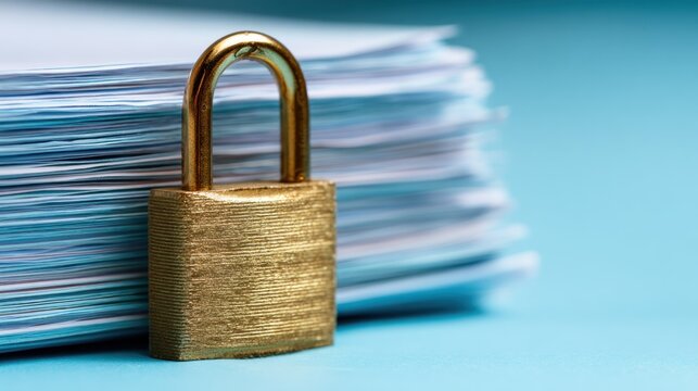 Metallic padlock securing a tall stack of layered paper documents against a light blue background