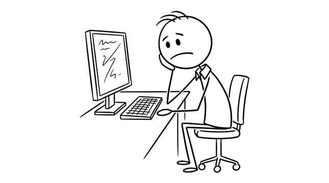 Cartoon stick figure man feeling uninspired and overwhelmed at office computer desk